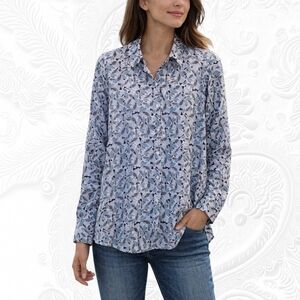 NYDJ Blue and Gray Patterned Button Down Shirt, Medium